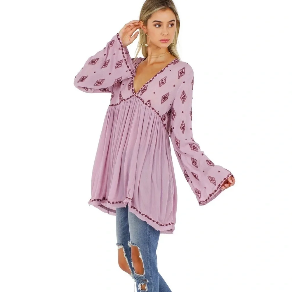 Free People Diamond Embroidered Long Sleeve Top